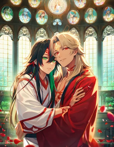 (absurdres, highres, ultra detailed, HDR), master piece, best quality, vibrant red eyes, Asura, onmyoji, black long hair, no bangs, tanned skin, red mark on the forehead, red haori, red marks on the chest, Taishakuten, ash blond short hair, hair between th...