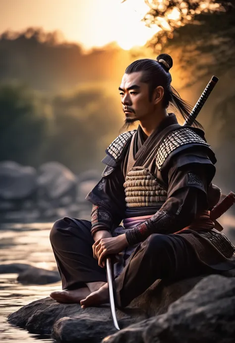 beautiful samurai, meditating sitting, on the edge of a river full of stones, at sunset, ultra realistic photo, perfect face det...