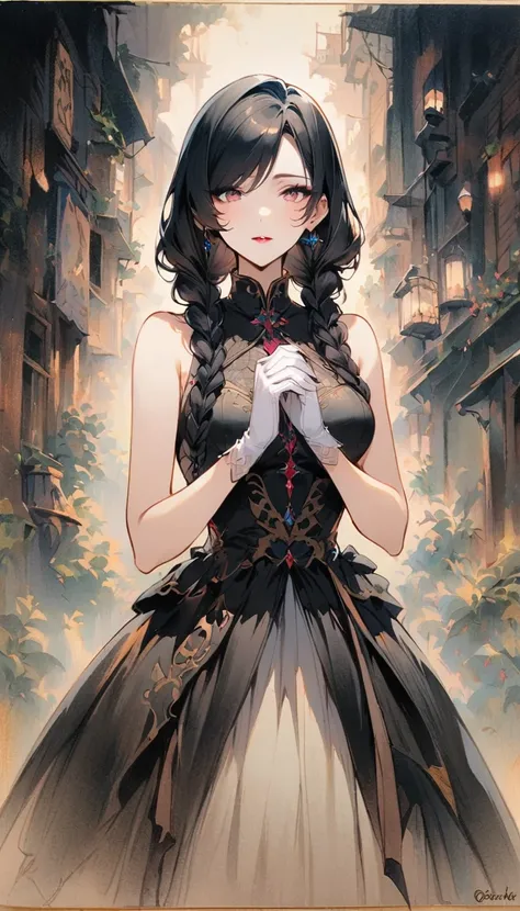 Lin Mingmei, 1 girl, alone, monochrome, braid, looking at the audience, skirt, long hair, traditional media, sign, Bangs, cosmetic, Put your hands together, black hair, Upper body, lipstick, drill hair, artist name, twin braids, bridal gloves, sleeveless