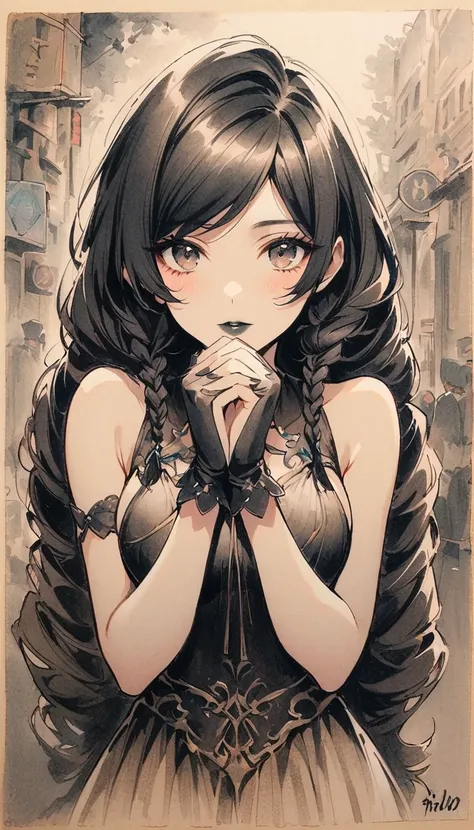 Lin Mingmei, 1 girl, alone, monochrome, braid, looking at the audience, skirt, long hair, traditional media, sign, Bangs, cosmetic, Put your hands together, black hair, Upper body, lipstick, drill hair, artist name, twin braids, bridal gloves, sleeveless