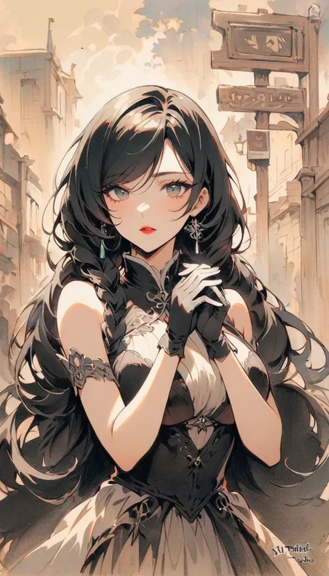 Lin Mingmei, 1 girl, alone, monochrome, braid, looking at the audience, skirt, long hair, traditional media, sign, Bangs, cosmetic, Put your hands together, black hair, Upper body, lipstick, drill hair, artist name, twin braids, bridal gloves, sleeveless