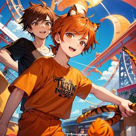 teenage boy age approximately 16 years, atmosphere bright and beautiful colors, animated style, Ginger hair + short messy hair + bangs tied in a ponytail. light brown skin and medium height, brown eyes + big and funny eyes, orange tiger ears + tail, colorf...