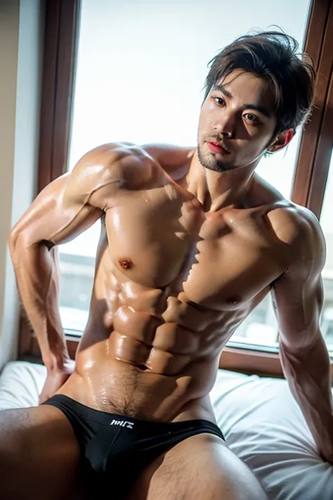 HOMEM COREANO, SEM CAMISA, rosto bonito, PEITO MUSCULAR, volume na cueca, protuberance, grande, futurista, Corpo magro, rouco, magro, big nice protuberance, lindo ator coreano, poses sensuais, sensual, 