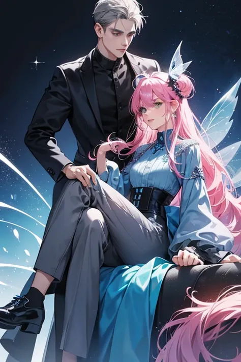 She is wearing blue clothing, with gray pants, and black shoes. He hair appears to be shaved on half of her head. In her monster form, she grows pink fairy wings, a forked tail, and a horn on the top of her head. SPARKLE; GLITTER