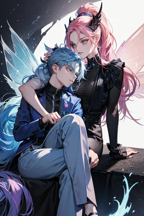 She is wearing blue clothing, with gray pants, and black shoes. He hair appears to be shaved on half of her head. In her monster form, she grows pink fairy wings, a forked tail, and a horn on the top of her head. SPARKLE; GLITTER