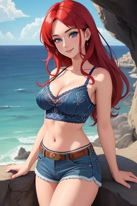 masterpiece,,((ultra detailed background, delicate pattern, intricate detail)), (highly detailed, fine details, rich colors), best quality, beautiful lighting, 1girl, red hair, solo, long hair, blue eyes, smile,((medium breasts, slim girl)), ((V-neck crop ...