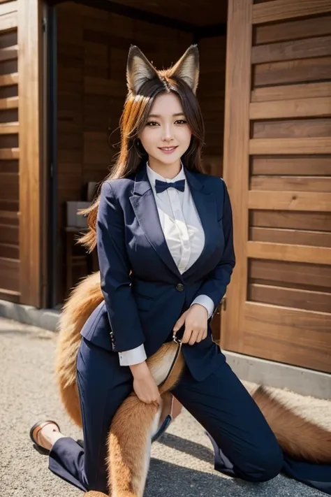 ((highest quality)), ((masterpiece)), (get used to it), perfect face, fox girl, Beautiful woman, public, A tail is growing, she has a fluffy tail, she has a fox tail, she wags her tail, smile, collar and leash, She is wearing a business suit, beautiful hip...