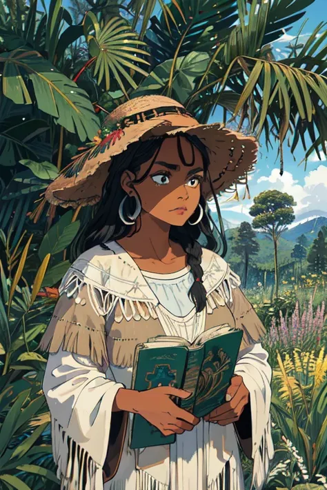 Indigenous mixed with black, espanhola, italiana, indigenous black woman break (obra de arte, Melhor qualidade:1.2), ao ar livre, Natureza, floresta, pinheiros, grama, tall grama, detailed grama, Plantas, dia, nuvens, decolonial, mistura de cultura 
