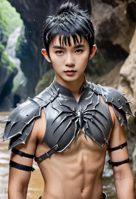 Full body photograph of Extremely handsome naked Asian drow elf 18-year-old boy, short black hair undercut hairstyle, very cute boyish face, soft skiny body, pointy ears, gray skin, wet cavern background with spider shoulder armor, 