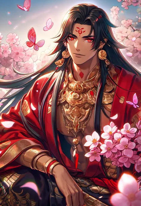 (absurdres, highres, ultra detailed, HDR), master piece, best quality, vibrant red eyes, 1man, handsome face, Asura from onmyoji, black long hair, tanned skin, red mark on the forehead, earrings, golden necklace, red haori, black baggy pants, pink flowers,...