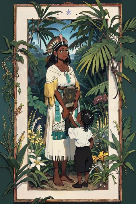 Indigenous mixed with black, espanhola, italiana, indigenous black (obra de arte, Melhor qualidade:1.2), ao ar livre, Natureza, floresta, pameiras imperiais, grama, tall grama, detailed grama, Plantas, dia, nuvens, decolonial Christian and African religion...