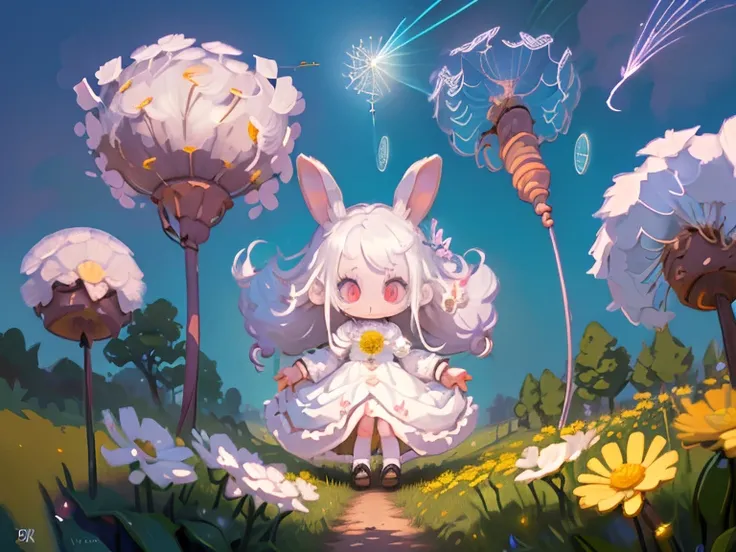 Voxels,(3D Big Pixel Art,3D Pixel Art),Large pixels,solo,#1 girl(3D Pixel Art:2.0,Chibi,cute,kawaii,small kid,white hair:1.6,long hair,white rabbit ear,white dress,red eyes,big eyes,skin color white,big hairbow,blowing dandelion seeds),#background(outdoor,...