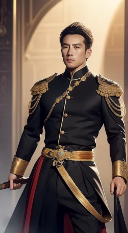 General Liangshan Wuhu，handsome man，Double charred，exquisite features，three-dimensional facial features，perfect face，Wearing a tall iron head，Wearing a golden Luo Jin scarf，Wearing Seven Star Nail Saw Probe，Wearing expensive precision forged black oil inla...