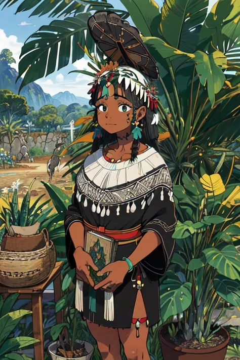 Mix Indigenous culture mixed with black, espanhola, italiana, indigenous black (obra de arte, Melhor qualidade:1.2), ao ar livre, Natureza, floresta, pameiras imperiais, grama, tall grama, detailed grama, Plantas, dia, nuvens, decolonial Christian and Afri...