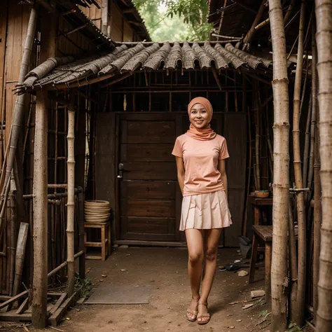 A 52 years old Indonesian woman in peach color hijab, wearing peach color lace tight t-shirt, wearing very short peach color pleated skirt, darker skin, skinny body, short body, smiling and standing in the old bamboo cabin in a forest, look to the viewer w...