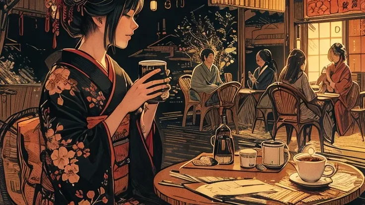 painting of a woman sitting at a table with a cup of coffee, Ink Wind, inspired by Itō Shinsui, Detailed sumi-e illustration, Detailed sumi-e illustration, japanese illustration, In the art style of Ukiyo-e, very fine ink line drawing, inspired by Nishikaw...