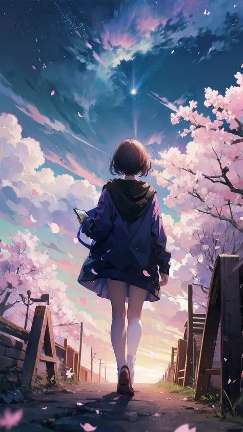 見上げるgirl シーン 1: shadow of cherry blossoms at dusk a girl standing quietly with the sky behind her, tinted blue. 彼女の目の前にそびえ立つのはバベ...