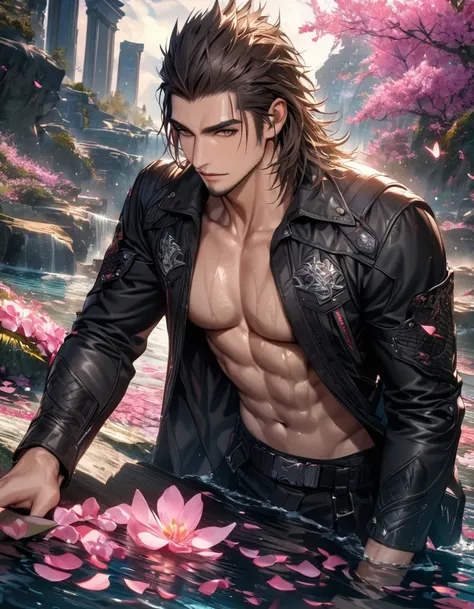 absurdres, highres, ultra detailed, HDR, master piece, best quality, Gladiolus, Final Fantasy xv, dark brown hair, vibrant brown eyes, black jacket, showing the chest, 1man, handsome, water, pink petals, pink butterflies, pink flowers