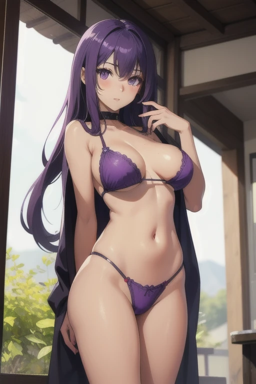 A girl with long straight purple hair and purple eyes with tan skin and full breasts standing straight facing the viewer in a kimona, perfect,