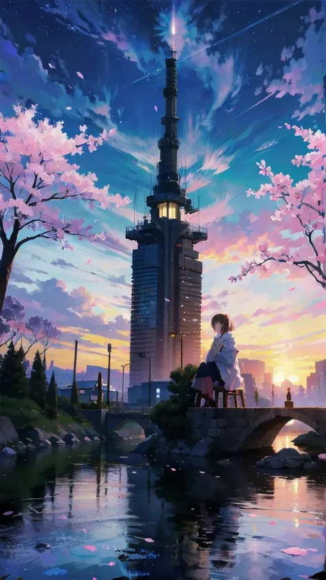 見上げるgirl シーン 1: shadow of cherry blossoms at dusk a girl standing quietly with the sky behind her, tinted blue. 彼女の目の前にそびえ立つのはバベ...