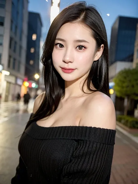 (kawaii 24 year-old Japanese girl, Nogizaka idol, Korean idol), (glossy black hair, pixie cut:1.3), (rounded face, single eyelid, no makeup, soft smiling:1.2), forehead, (wearing off-shoulder knitted sweater:1.3), (well shaped extra small breasts), (lookin...