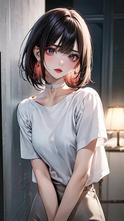 high resolution、high quality、full body figure、black eyes、short hair、High Layered Bob、girl、asymmetrical bangs、Light cream pink hair、white oversized t-shirt、shorts、slender body、low length、dark makeup、Highlighted red eyeshadow、Bright, dark eyeliner、Enhanced l...