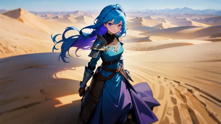 1Girl with blue hair and violet eyes. Wearing a blue dress, brown pants and leather armor, desert, absurdres, high res, ultrasharp, 8K, masterpiece, looking at viewer