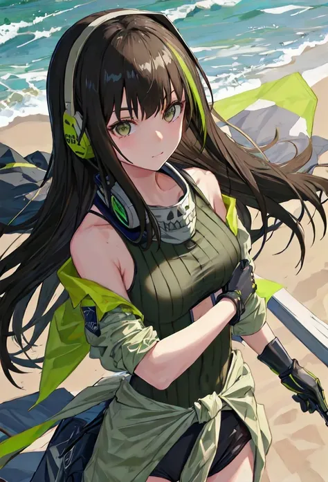 {safe:1.10}, best quality, masterpiece, highres, solo, {m4a1_girlsfrontline:0.90}, portrait, looking_at_viewermakeup, neckerchief, green armband, green one-piece sweater, black hair, long hair, (earphones), brown eyes, sand-colored windbreaker tied around ...