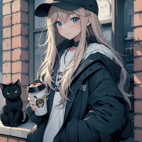 Holding a hat and a coffee cup、隣に猫が座っているanime girl, mysterious coffee shop girl, anime atmosphere, anime style 4 k, anime aesthetics, blonde 長い髪のanime girl, 長い髪のanime girl, beautiful anime cat girl, anime style. 8K, anime girl, 猫耳のanime girl, かわいいanime gir...