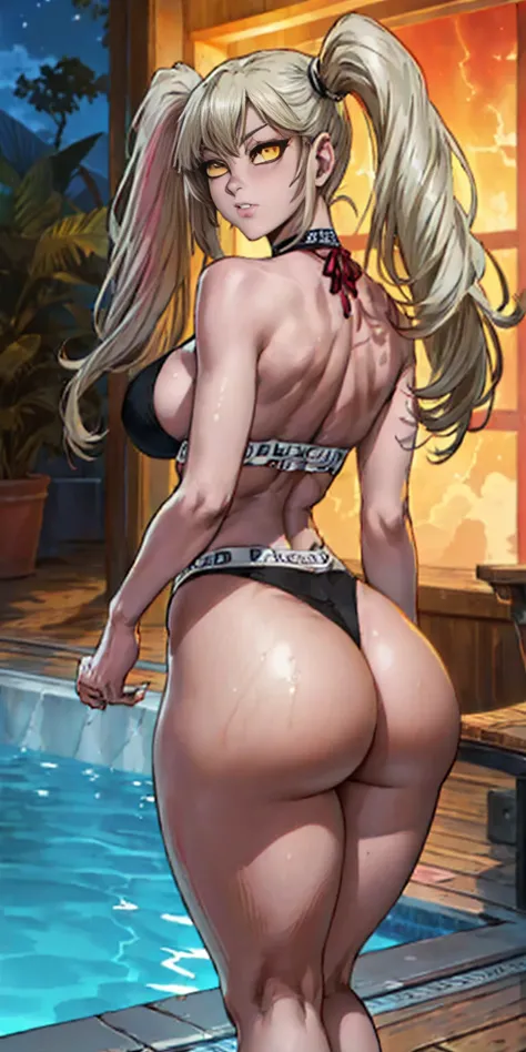 (((1 girl))), medium to large breasts, a beautiful and cute lady, standing, (((in the pool at night))), (big muscular ass), {{{wearing a very sexy bikini }}} , naked, (thin waist), (incredibly beautiful asull body photo, red ribbons in hair, standing, (((b...