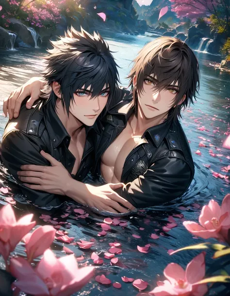 absurdres, highres, ultra detailed, HDR, master piece, best quality, Gladiolus, Final Fantasy xv, dark brown hair, vibrant brown eyes, black jacket, showing the chest, Noctis Lucis Caelum, black hair, vibrant blue eyes, 2 men hugging, gay, handsome, water,...