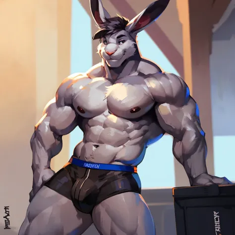 Medium muscular, rabbit, light gray, light gray rabbit, rabbit in underwear, black underwear, box underwear, long ears, posing, with short tail, anatomy, good anatomy, perfect anatomy, male anatomy, perfect body, bodybuilder pose, By mystikfox61