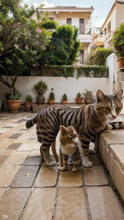 Gato y gata peleando abrazados en patio de casa