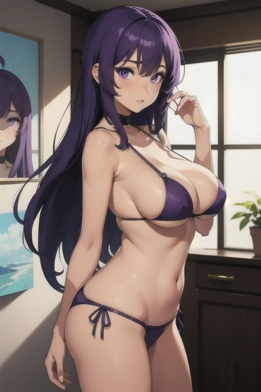 A girl with long straight purple hair and purple eyes with tan skin and full breasts standing straight facing the viewer in a kimona, perfect,