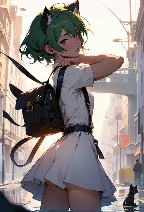 anime, puddle, (double exposure silhouette: 1.2), wearing layered dress ,1girl, solo cat ear, greenhair,bob cut hair,tail,  earrings, backpack, randoseru,on pyramid in egypt,