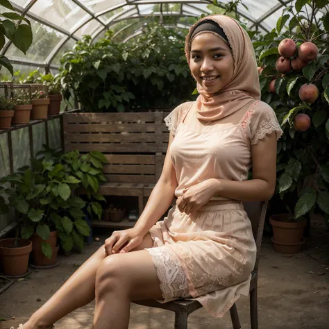 Realistic photo depicting 1 Indonesian woman in hijab, villager, poor woman, 18 years old, wearing peach color hijab jilbab, wearing see-through peach color lace camisole, wearing very short see-through peach color lace skirt, wearing no footwear, smiling,...