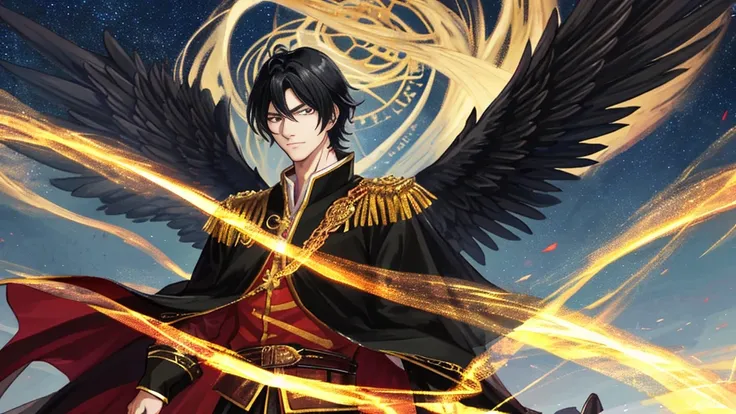 handsome boy, black hair, royal clothes, phoenix black wings, shadow, mystic, anime 8k resolution, night sky