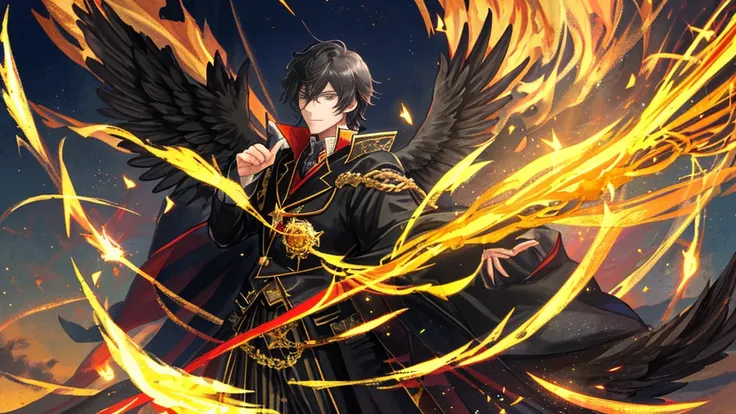 handsome boy, black hair, royal clothes, phoenix black wings, shadow, mystic, anime 8k resolution, night sky