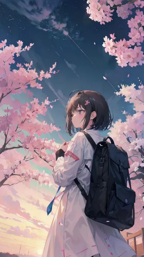 Girl looking up scene 1: Shadow of the cherry blossoms at dusk A girl stands quietly with the sky behind her, Dyed azure. 彼女の目の前にそびえ立つのはバベルのtowerと呼ばれる巨大な桜だ. The Shape, Like piercing the clouds, It&#39;s like it&#39;s reaching the sky. The girl&#39;s gaze i...