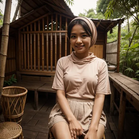 A 52 years old Indonesian woman in peach color hijab, wearing peach color lace tight t-shirt, wearing very short peach color lace pleated skirt, villager, poor woman, darker skin, curvier body, short body, smiling and sitting on a stool in the old bamboo c...