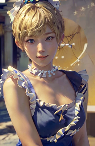 ((highest quality、8K、masterpiece:1.3)),clear, fine-textured skin、beautiful clear eyes、cleavage、(buckshot:1.5)、Carefree and natural smile、(pixie cut,blonde:1.5)、(My hair was messed up by the wind:1.3)、(Cute maid with frills:1.5)、Smiling beautiful girl、publi...