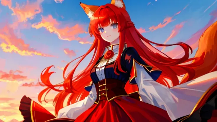 beutiful girl, red hair, fox ears, fox girl, royal clothes, 8k resolution, beutiful sky