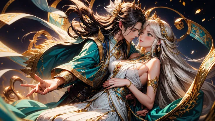 A heartwarming and lyrical scene depicts an intimate encounter between a man and a woman.。Happiness in love。tears of gratitude。steppe of central asia。Sparkling in the moonlight、By the swaying Ili。Creates a fantastic and romantic atmosphere。The couple is em...