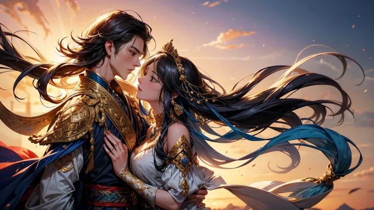 A heartwarming and lyrical scene depicts an intimate encounter between a man and a woman.。Happiness in love。tears of gratitude。steppe of central asia。Sparkling in the moonlight、By the swaying Ili。Creates a fantastic and romantic atmosphere。The couple is em...