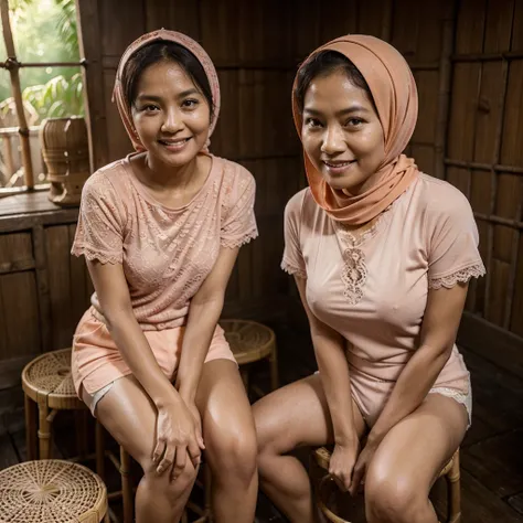 A 52 years old Indonesian woman in peach color hijab, wearing peach color lace tight t-shirt, wearing very short peach color lace shorts, villager, poor woman, darker skin, curvier body, short body, smiling and sitting on a stool in the old bamboo cabin in...