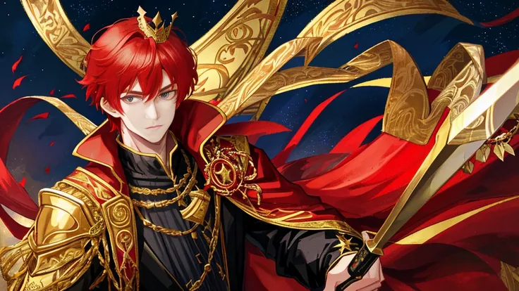 handsome boy, red hair, gold leaf crown, black royal clothes, crescent-shaped blade, night sky, 8k resolution