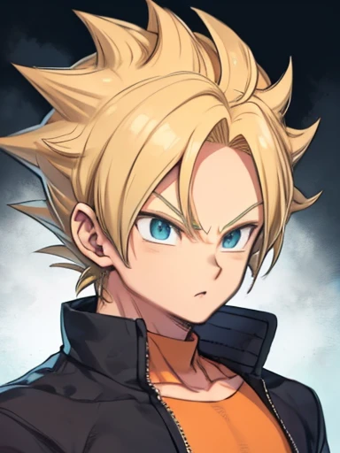 front face、face photo、ID photo、Looking straight ahead、boy、very short hair、blonde、bouncy hair、spiky hair、Hair like a Dragon Ball character、