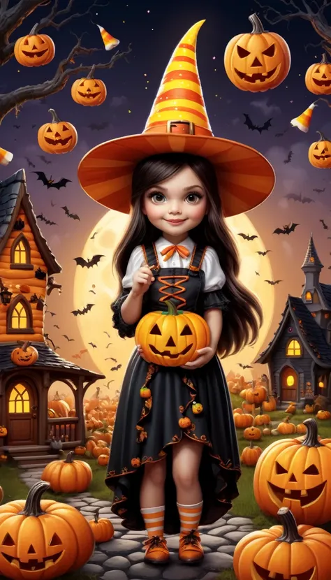 cute cartoonAF, cute cartoon, A masterpiece in up to 16K resolution, Excellent quality, (A large sticker) On a modern refrigerator, designed as a whimsical Candy Corn Witch dressed in an outfit with candy corn and a holding a magical staff, Surrounded by m...