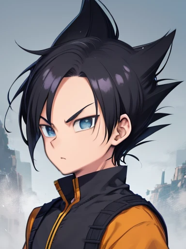 front face、face photo、ID photo、Looking straight ahead、male、20-year-old、very short hair、black hair、bouncy hair、spiky hair、Hair like a Dragon Ball character、Angle from the front、