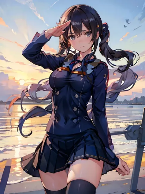 (((uniform))),((((((Navy blue double-breasted skirt suit)))))) mini skirt, Thighhighs, the skirt is fluttering in the wind,The wind is blowing her skirt wide. blush,blue sky, On a warship,(((((Soft smile))))),from below,Salute with your right hand,Left han...